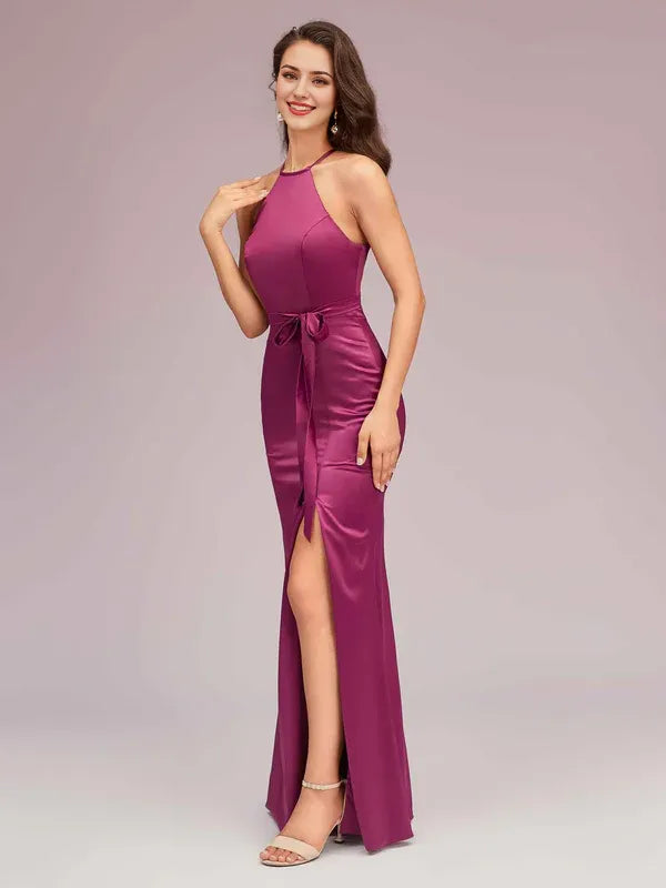 Robe de soirée longue en satin, style sirène, dos nu, fente, sexy, sans manches